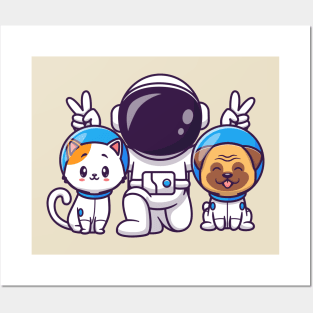 Cute Astronaut With Cat And Pug Dog Cartoon Posters and Art